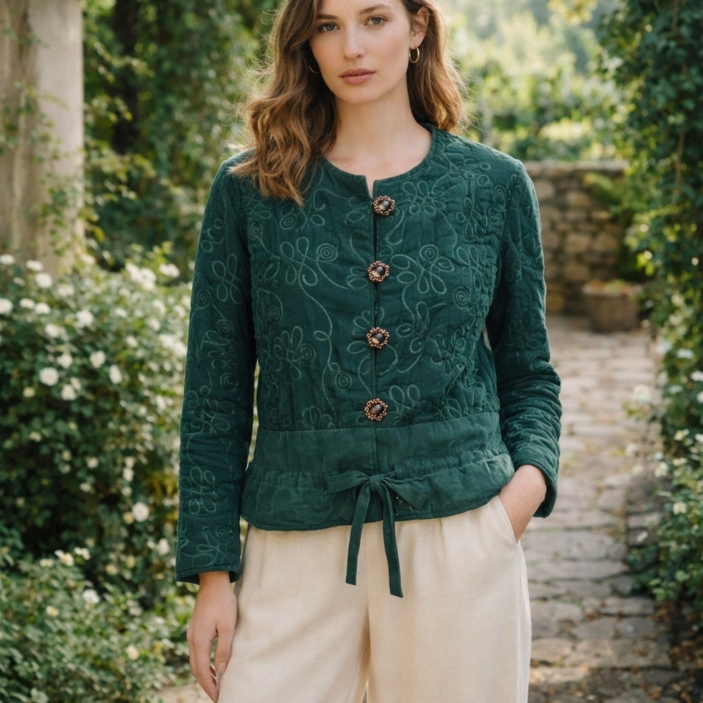 Vintage Suzanna Forest Green Embroidered Jacket‎ Art-to-Wear Boho Luxe M